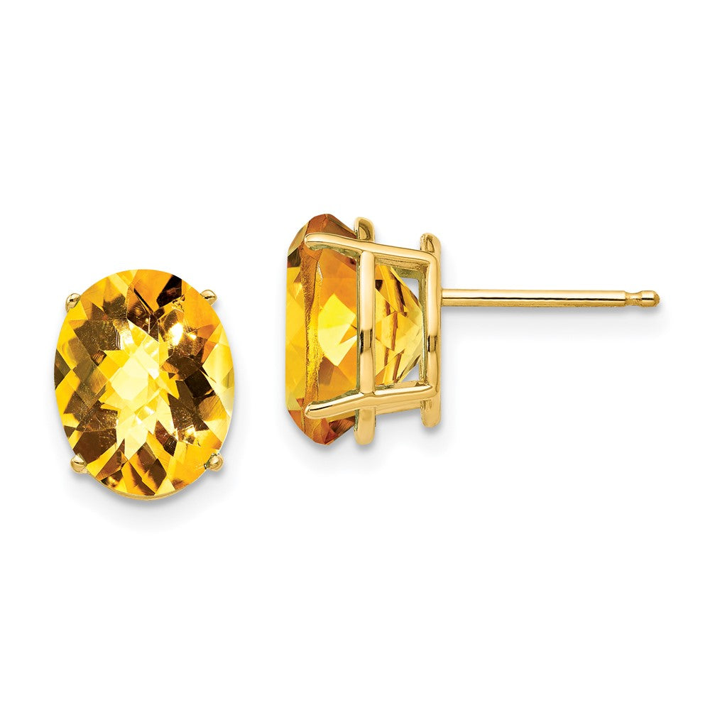 14K Yellow Gold 10x8mm Oval Citrine Checker Stud Earrings