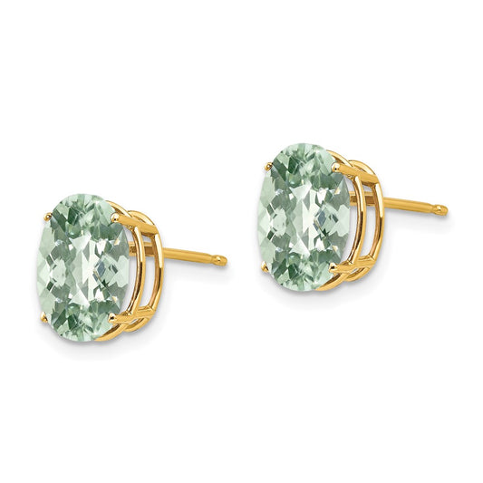 14K Yellow Gold 10x8 Oval Checker-cut Green Quartz Earrings