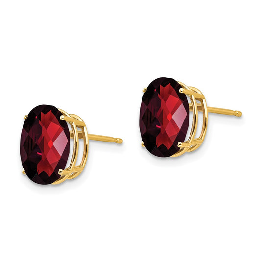 14K Yellow Gold 10x8mm Oval Garnet Checker Stud Earrings