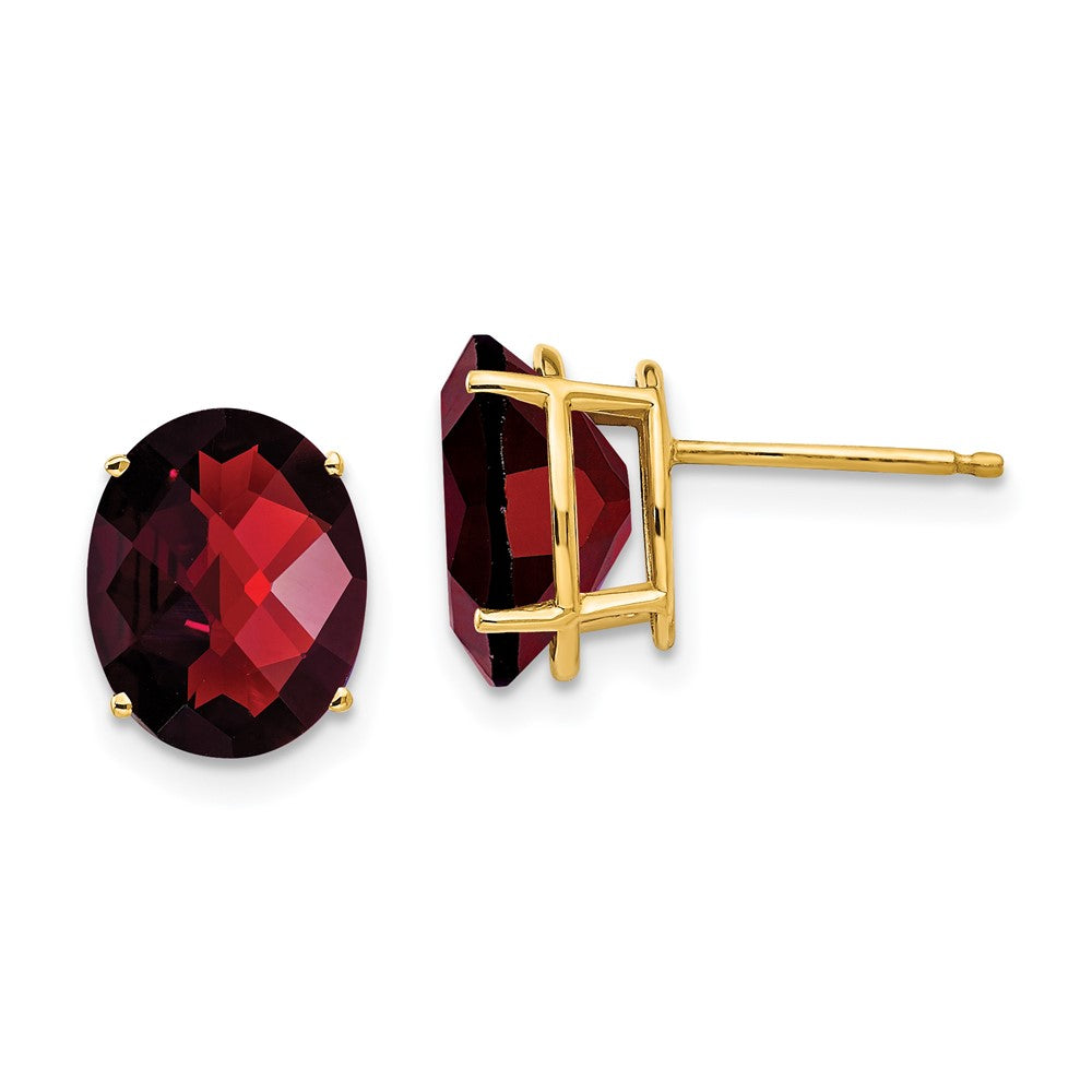 14K Yellow Gold 10x8mm Oval Garnet Checker Stud Earrings