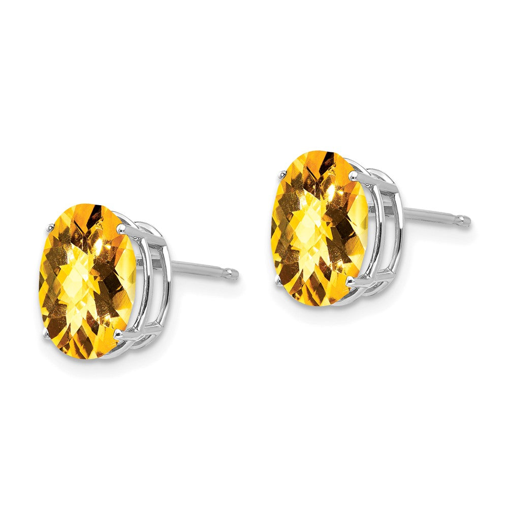 14K White Gold 10x8mm Oval Citrine Checker Stud Earrings