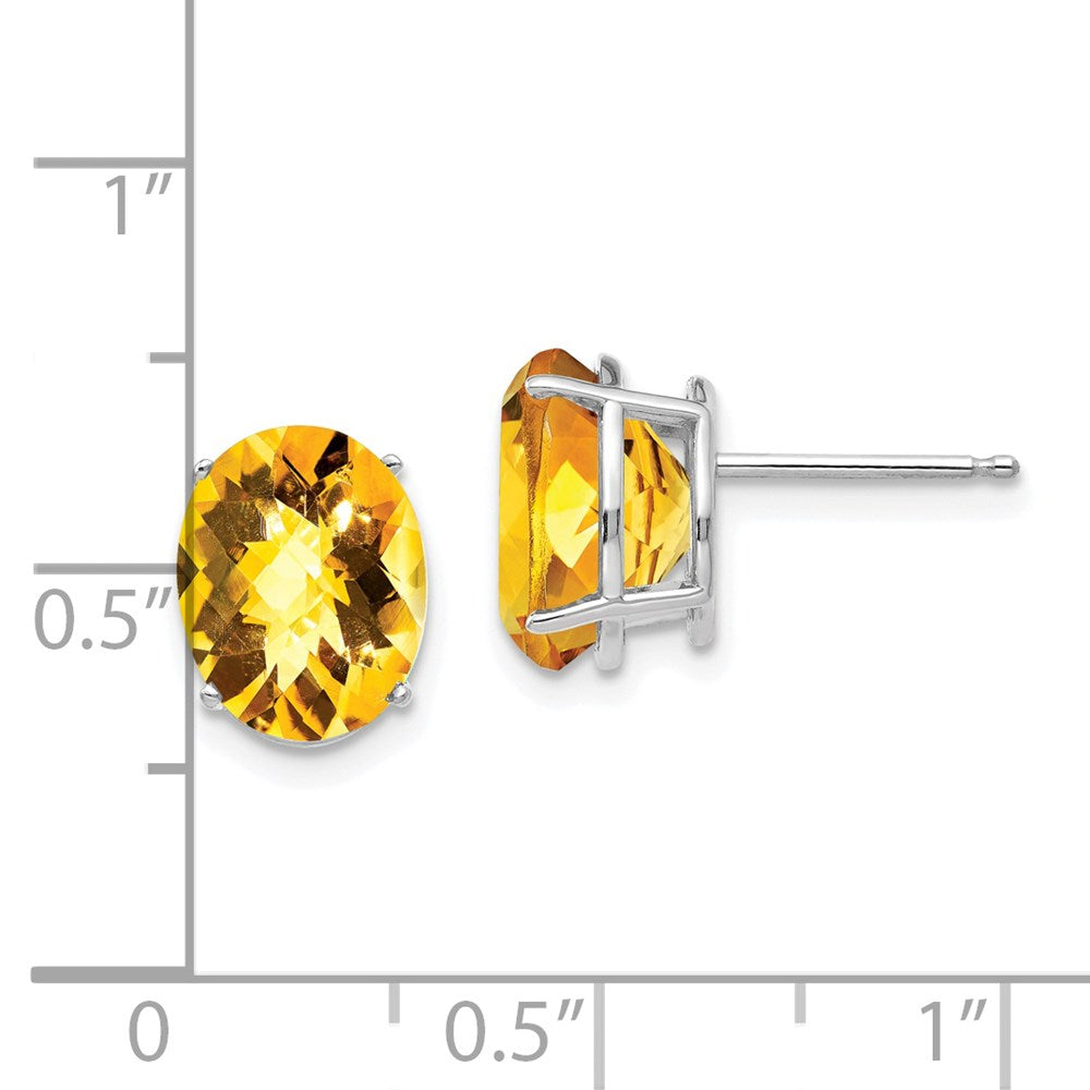 14K White Gold 10x8mm Oval Citrine Checker Stud Earrings