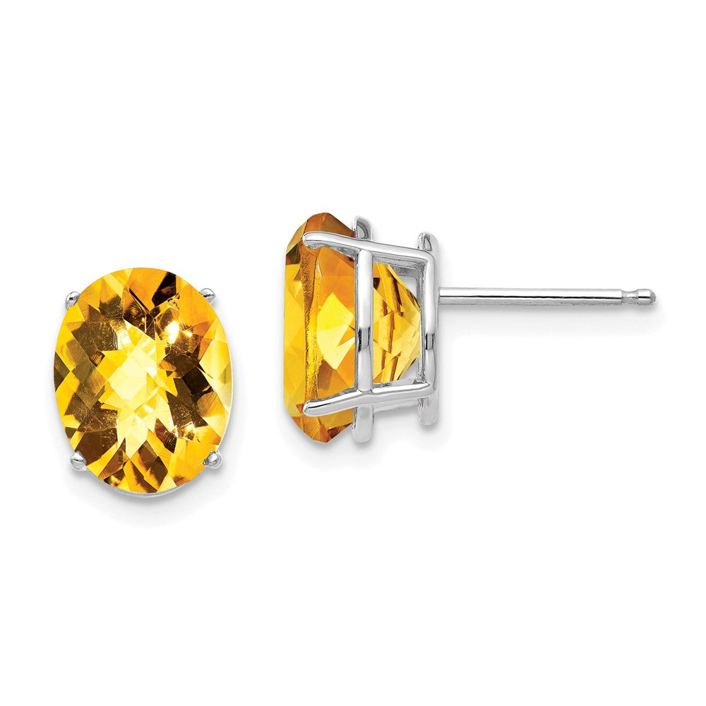 14K White Gold 10x8mm Oval Citrine Checker Stud Earrings