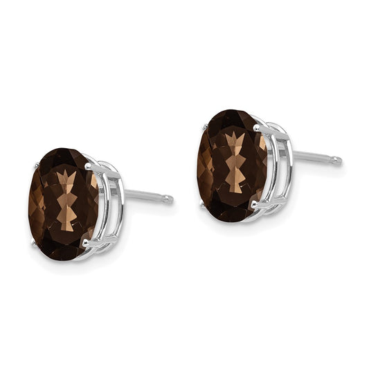 14K White Gold 10x8 Oval Checker-cut Smokey Quartz Stud Earrings
