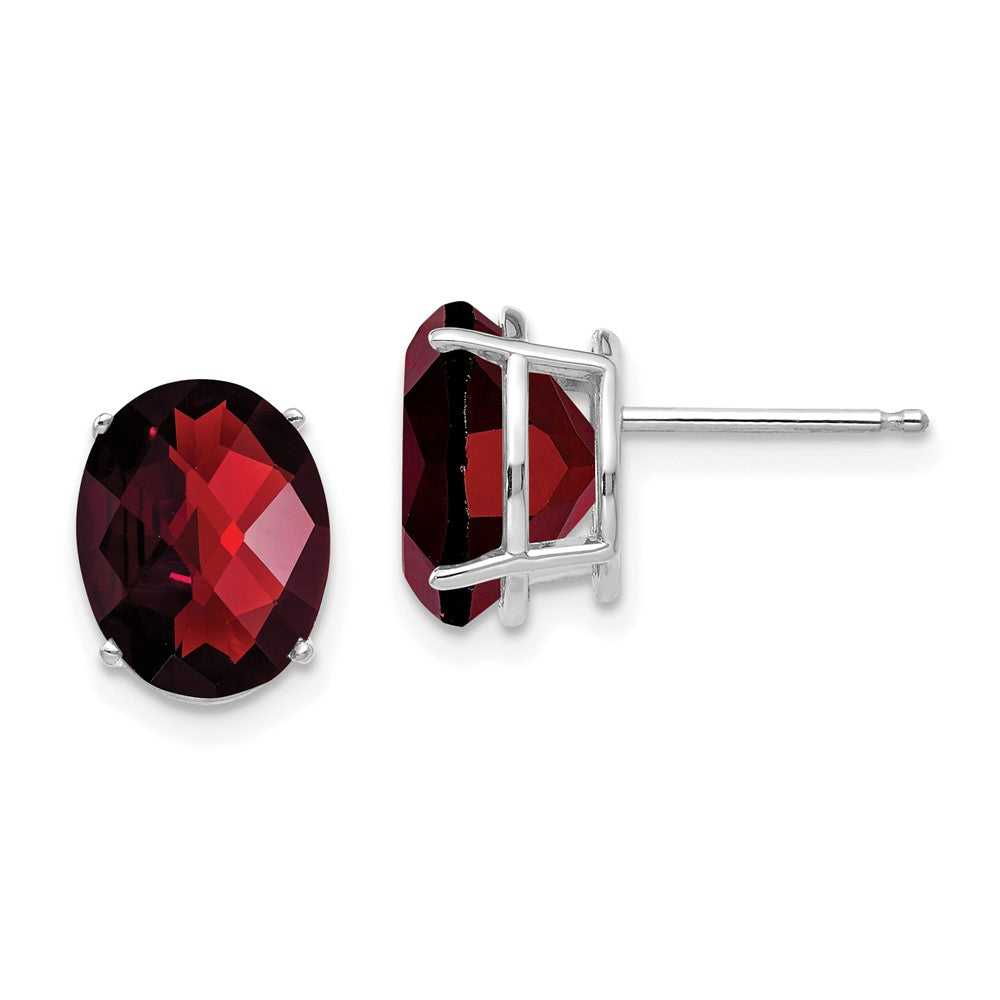 14K White Gold 10x8mm Oval Garnet Checker Stud Earrings