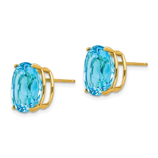 14K Yellow Gold 12x10mm Oval Blue Topaz Stud Earrings