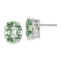 14K White Gold 12x10 Oval Checker-cut Green Quartz Earrings