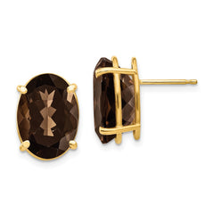 14K Yellow Gold 14x10 Oval Smokey Quartz Stud Earrings