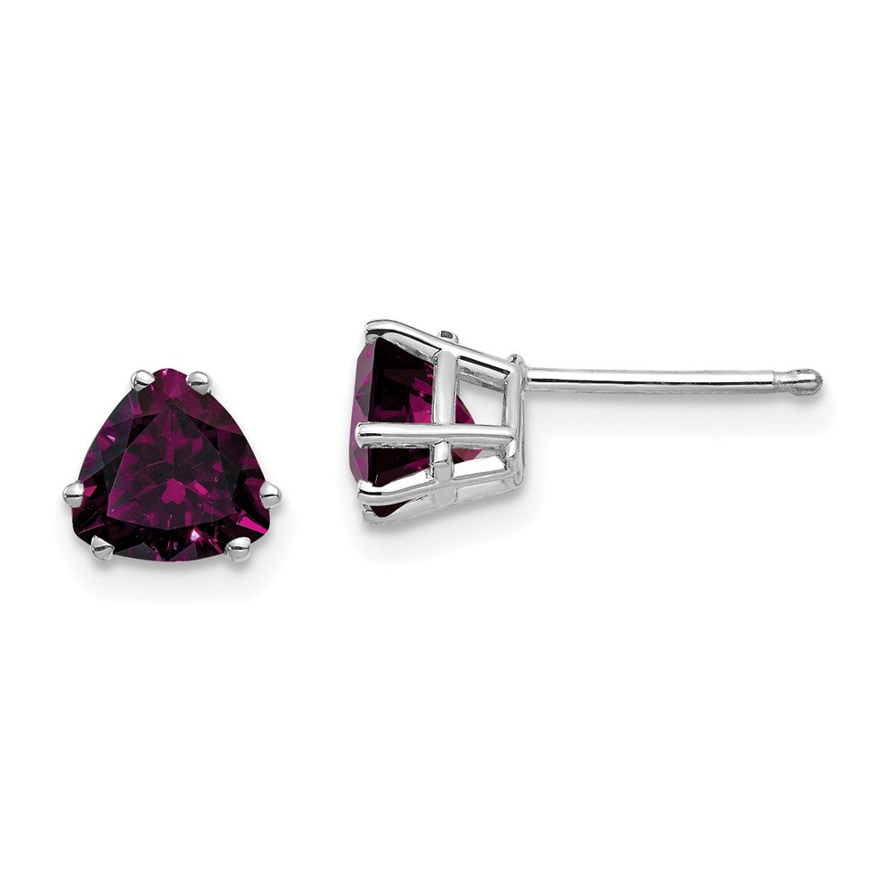 14K White Gold Rhodolite Garnet Trillion Stud Earrings