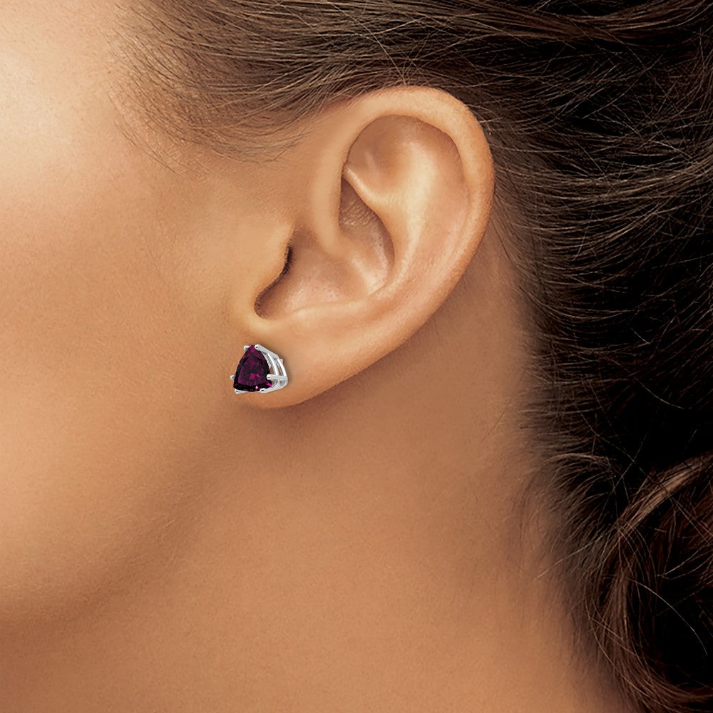 14K White Gold Rhodolite Garnet Trillion Stud Earrings