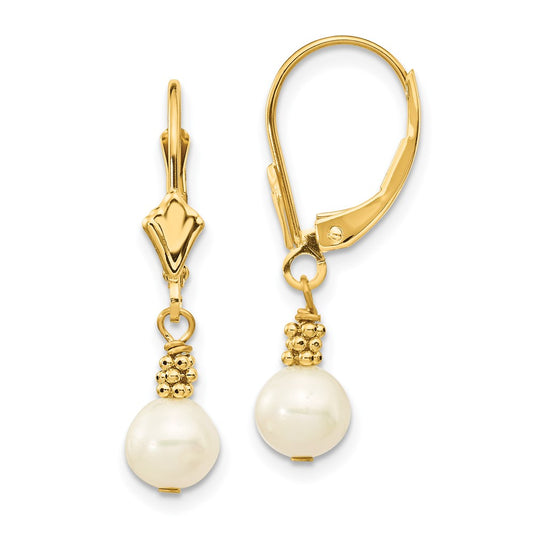 14K Yellow Gold 5-6mm White Semi-round FWC Pearl Leverback Earrings