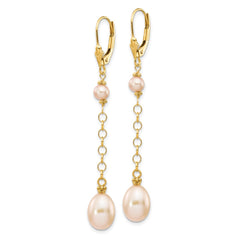 14K Yellow Gold 5-8mm Pink FWC Pearl Leverback Earrings