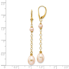 14K Yellow Gold 5-8mm Pink FWC Pearl Leverback Earrings