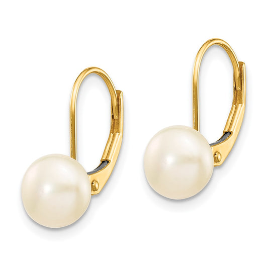 14K Yellow Gold 7-8mm White Button FWC Pearl Leverback Earrings
