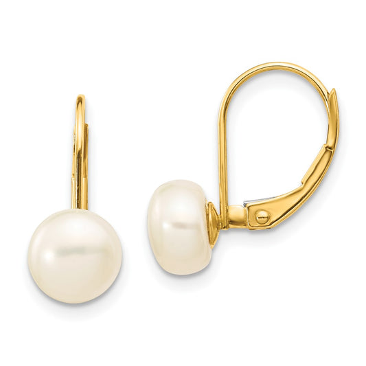 14K Yellow Gold 7-8mm White Button FWC Pearl Leverback Earrings