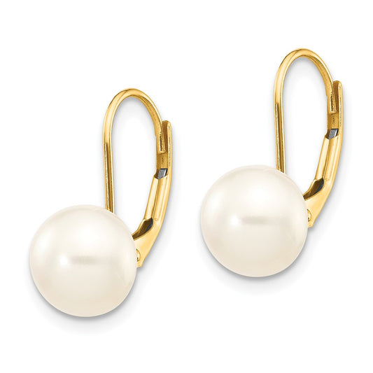 14K Yellow Gold 8-9mm White Button FWC Pearl Leverback Earrings