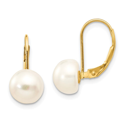 14K Yellow Gold 8-9mm White Button FWC Pearl Leverback Earrings
