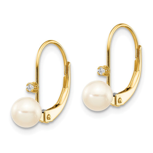 14K Yellow Gold 5-6mm Round White FWC Pearl .02 ct. Diamond Leverback Earrings