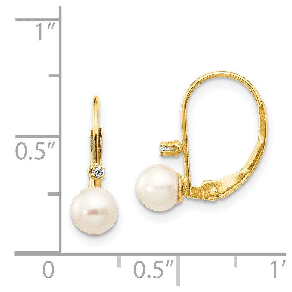 14K Yellow Gold 5-6mm Round White FWC Pearl .02 ct. Diamond Leverback Earrings