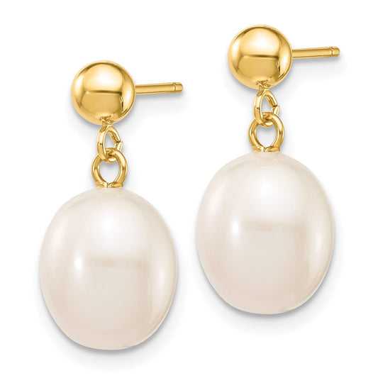 14K Yellow Gold 8-9mm White Rice FWC Pearl Dangle Post Earrings