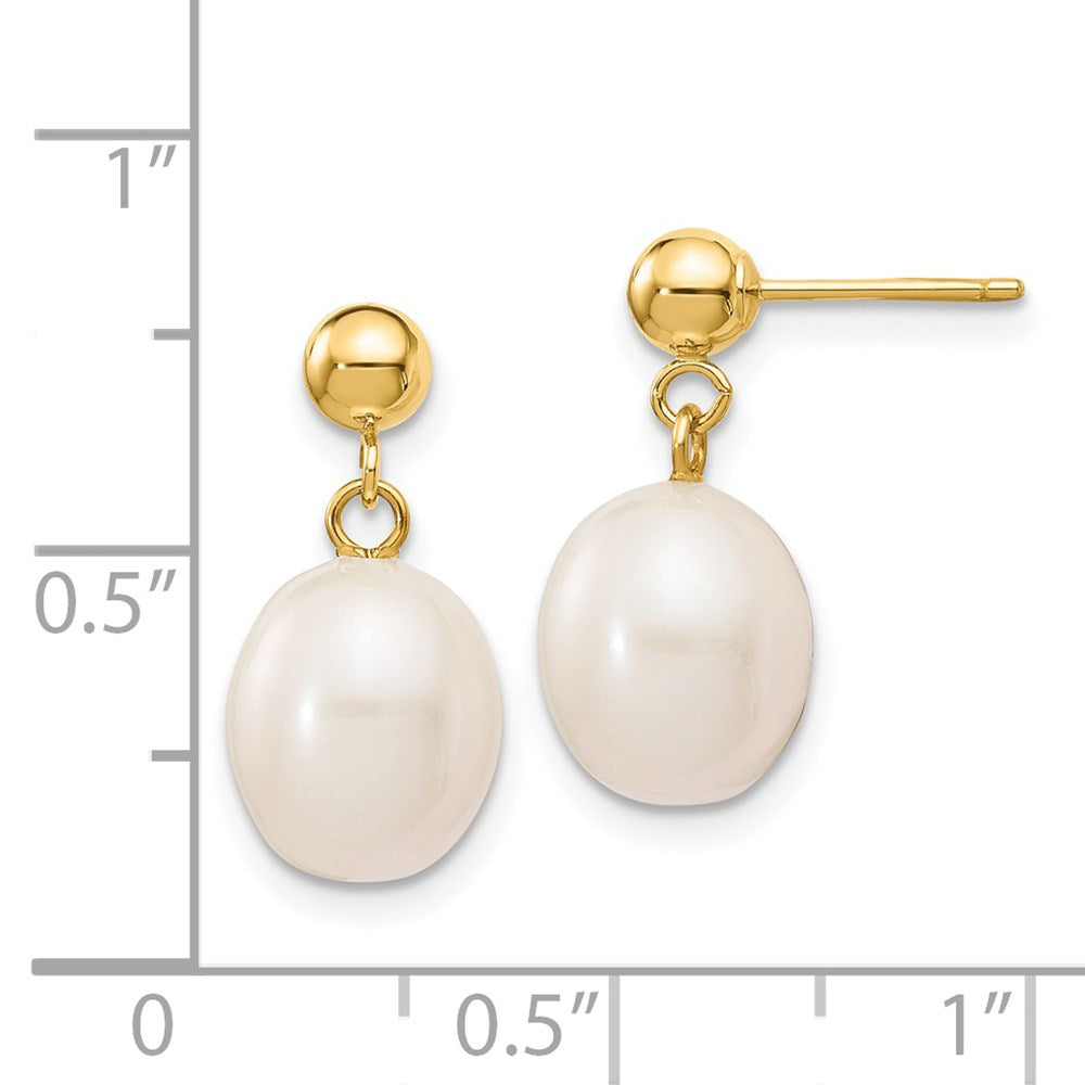 14K Yellow Gold 8-9mm White Rice FWC Pearl Dangle Post Earrings