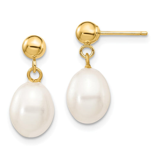 14K Yellow Gold 7-8mm White Rice FWC Pearl Dangle Post Earrings