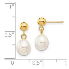 14K Yellow Gold 6-7mm White Rice FWC Pearl Dangle Post Earrings