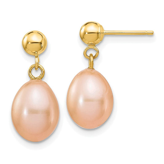 14K Yellow Gold 7-8mm Pink Rice FWC Pearl Dangle Post Earrings