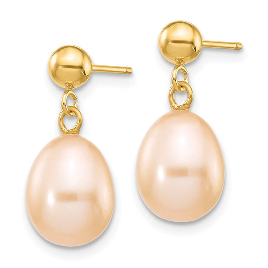 14K Yellow Gold 8-9mm Pink Rice FWC Pearl Dangle Post Earrings