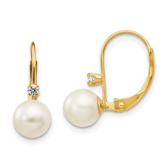 14K Yellow Gold 6-7mm Round White FWC Pearl .06ct. Diamond Leverback Earrings