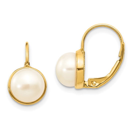 14K Yellow Gold 6-7mm White Button FWC Pearl Leverback Earrings
