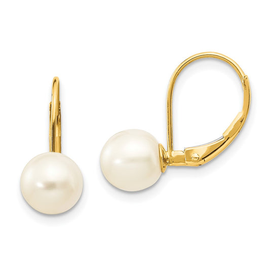 14K Yellow Gold 7-8mm White Round FWC Pearl Leverback Earrings