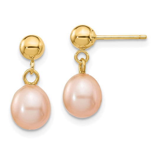 14K Yellow Gold 6-7mm Pink Rice FWC Pearl Dangle Post Earrings