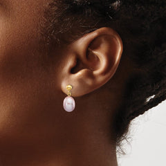 14K Yellow Gold 8-9mm Purple Rice FWC Pearl Dangle Post Earrings