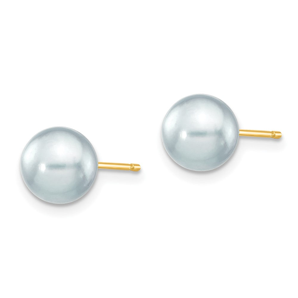 14K Yellow Gold 7-8mm Round Grey Saltwater Akoya Cultured Pearl Stud Post Earrings