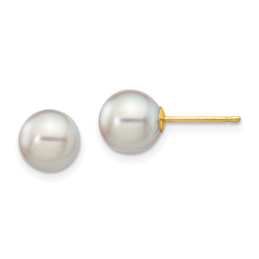 14K Yellow Gold 7-8mm Round Grey Saltwater Akoya Cultured Pearl Stud Post Earrings