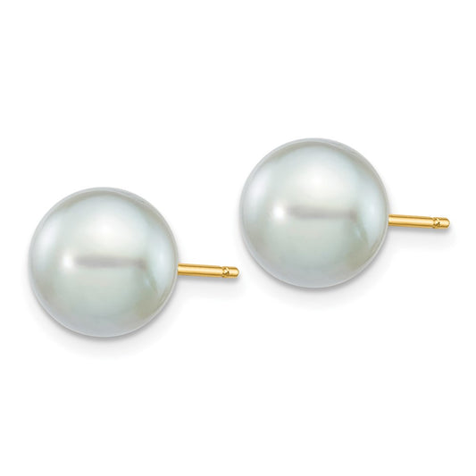 14K Yellow Gold 8-9mm Round Grey Saltwater Akoya Cultured Pearl Stud Post Earrings