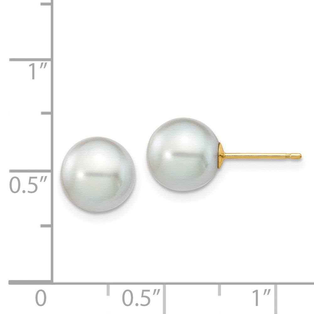 14K Yellow Gold 8-9mm Round Grey Saltwater Akoya Cultured Pearl Stud Post Earrings
