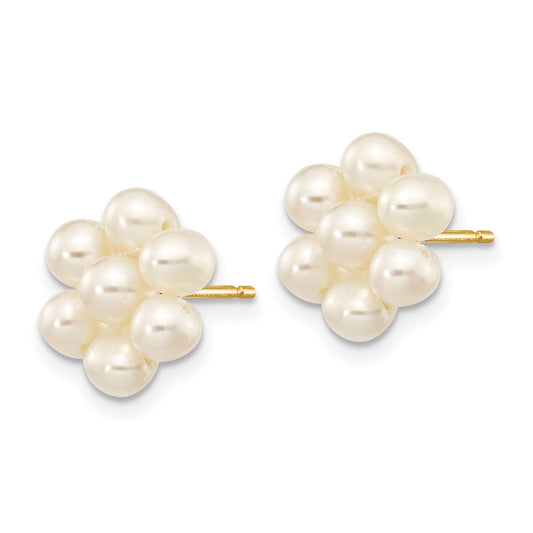 14K Yellow Gold 3-4mm White Egg FWC Pearl Flower Earrings