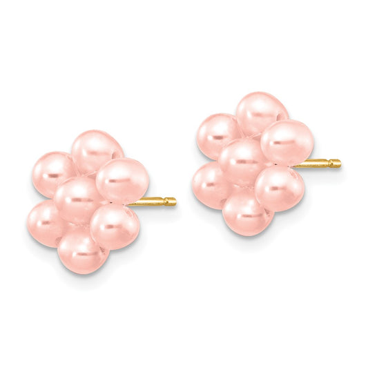 14K Yellow Gold 3-4mm Pink Egg FWC Pearl Flower Earrings