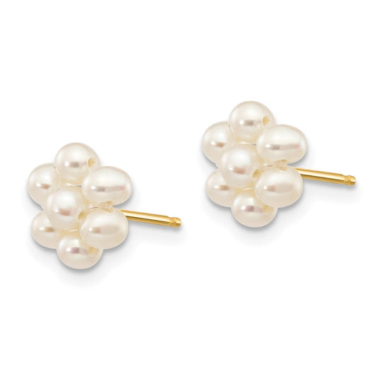 14K Yellow Gold 2-3mm White Egg FWC Pearl Flower Earrings