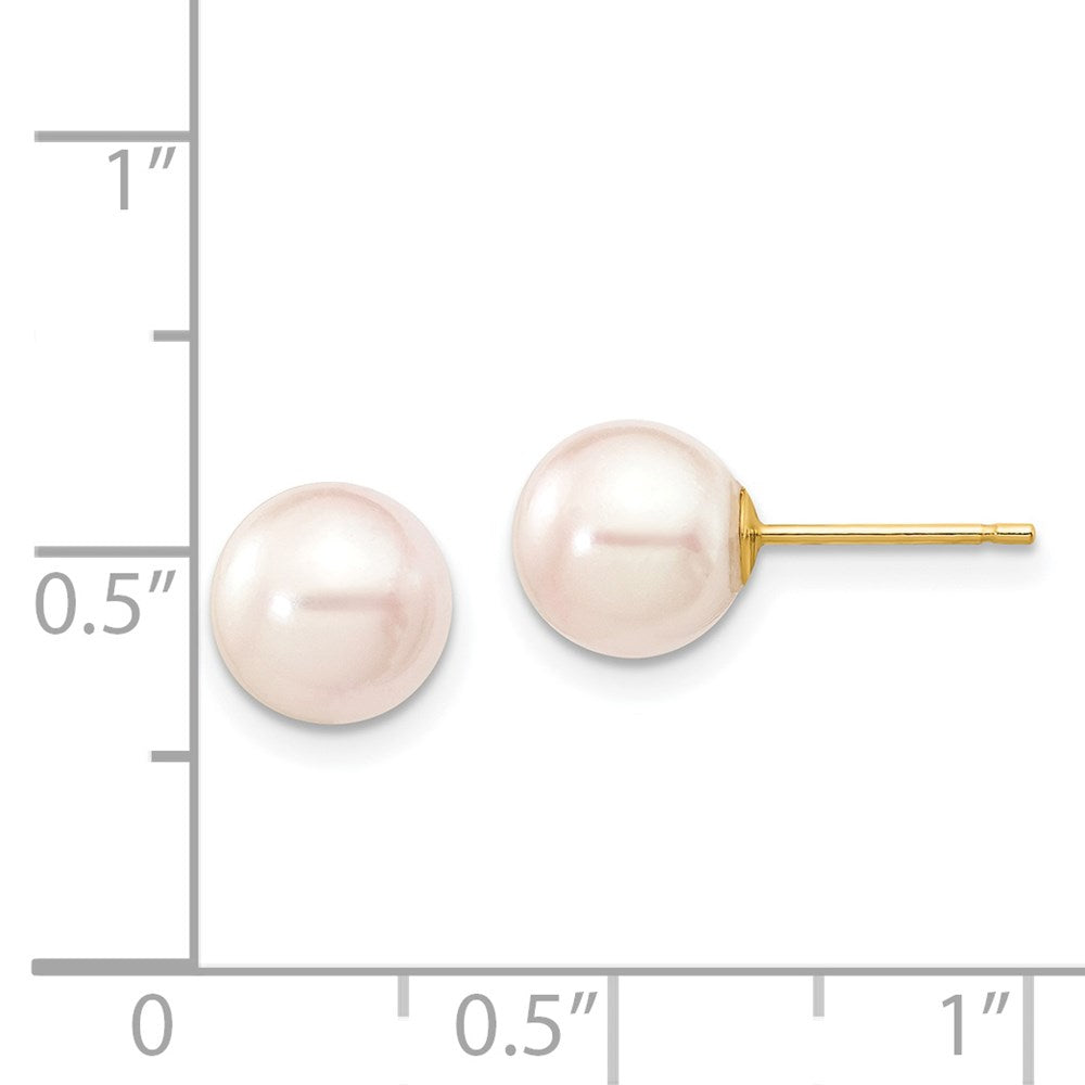 14K Yellow Gold 7-8mm Round White Saltwater Akoya Cultured Pearl Stud Post Earrings