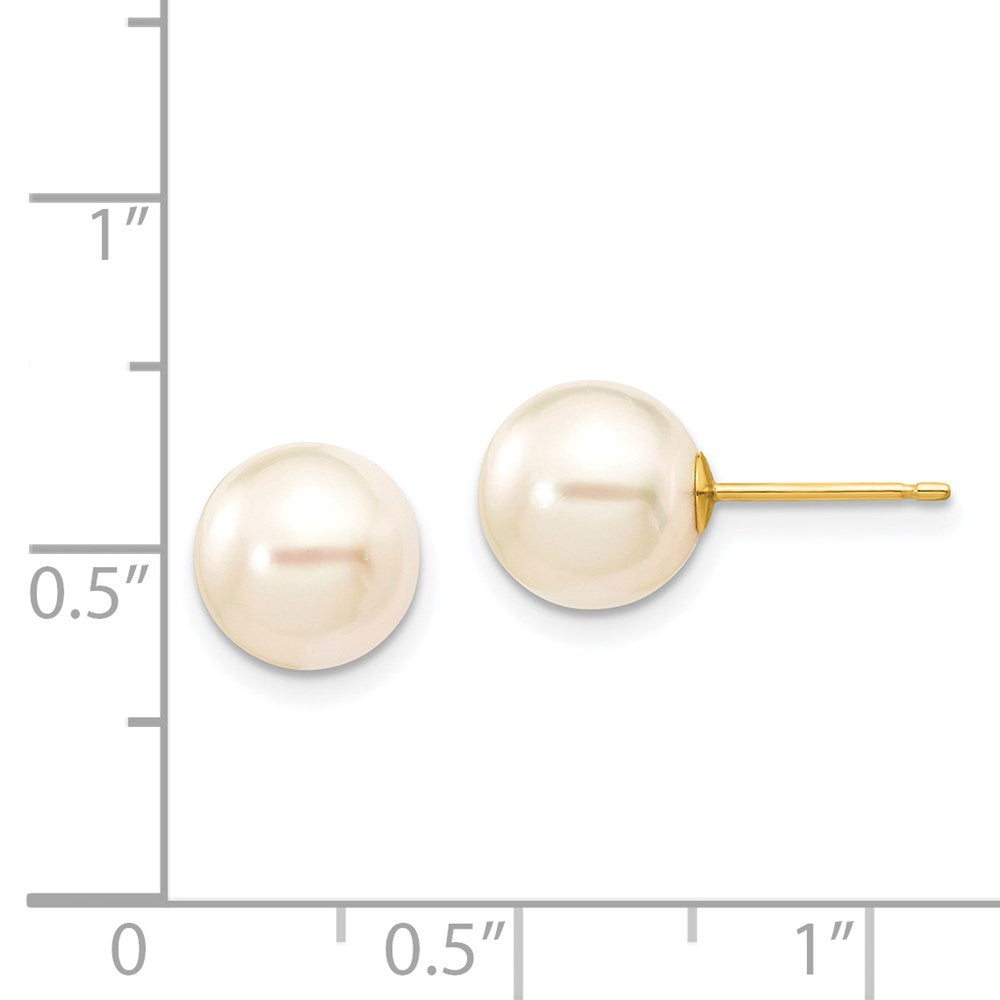 14K Yellow Gold 8-9mm Round White Saltwater Akoya Cultured Pearl Stud Post Earrings