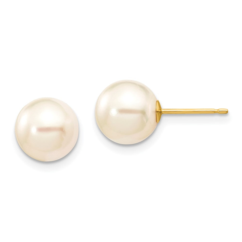 14K Yellow Gold 8-9mm Round White Saltwater Akoya Cultured Pearl Stud Post Earrings