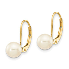 14K Yellow Gold 6-7mm White Round FWC Pearl Leverback Earrings