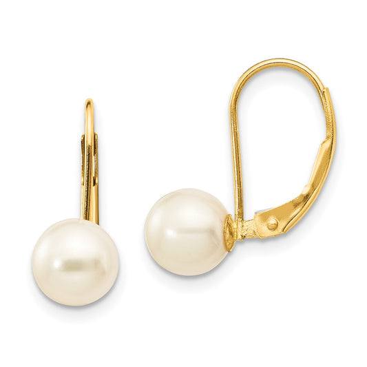 14K Yellow Gold 6-7mm White Round FWC Pearl Leverback Earrings