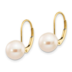 14K Yellow Gold 8-9mm White Round FWC Pearl Leverback Earrings