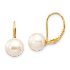 14K Yellow Gold 8-9mm White Round FWC Pearl Leverback Earrings