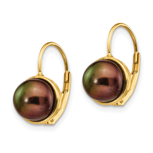 14K Yellow Gold 6-7mm Black Button FWC Pearl Leverback Earrings