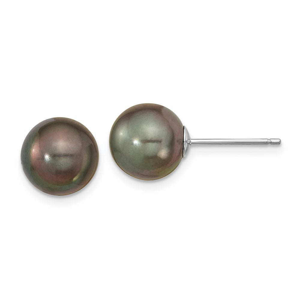 14K White Gold 9-10mm Black Round Saltwater Cultured Tahitian Pearl Post Earrings